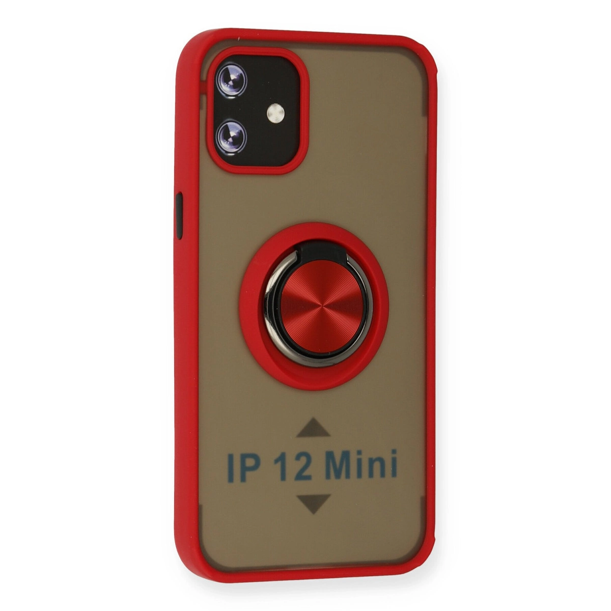 iPhone 12 Mini için halka tutuculu kırmızı kılıf, şeffaf arka yüz.