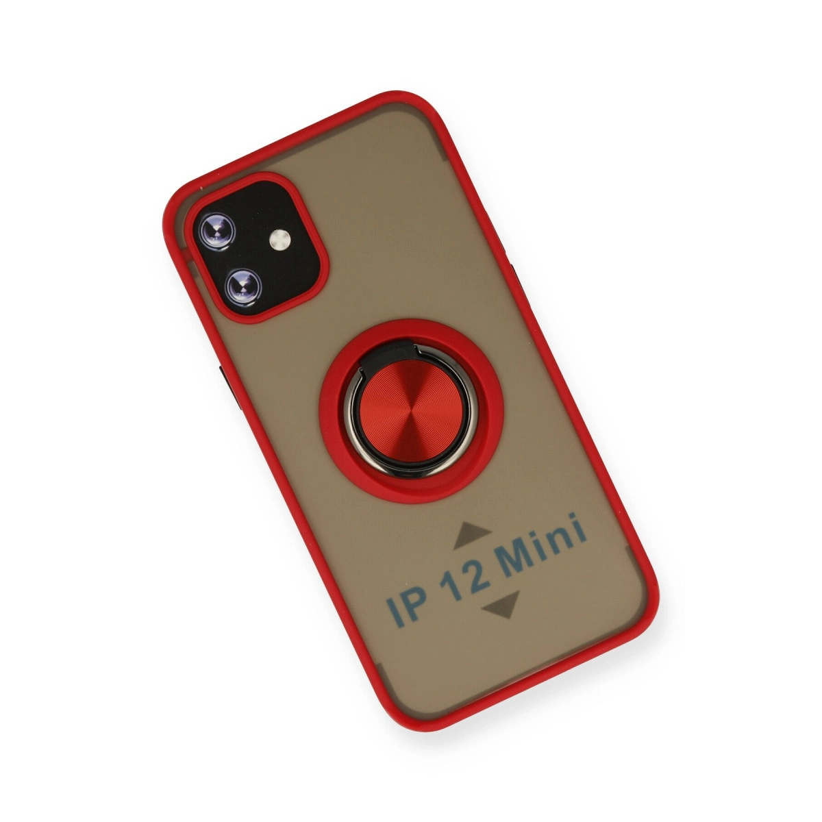 Kırmızı kenarlı ve halka tutuculu kahverengi iPhone 12 Mini kılıfı.
