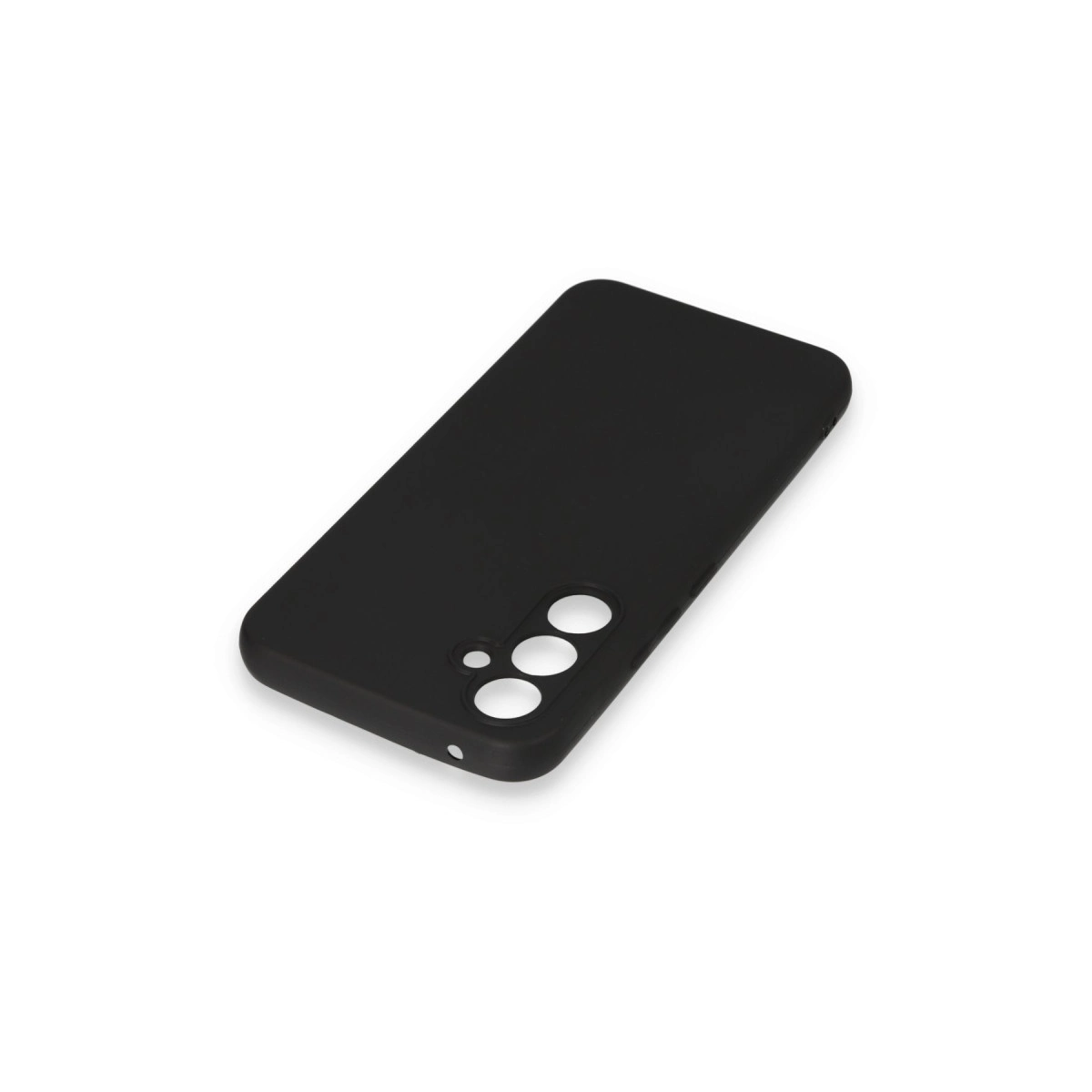 Beyaz arka plan üzerinde kamera ve bağlantı noktaları için kesikli siyah telefon kılıfı.