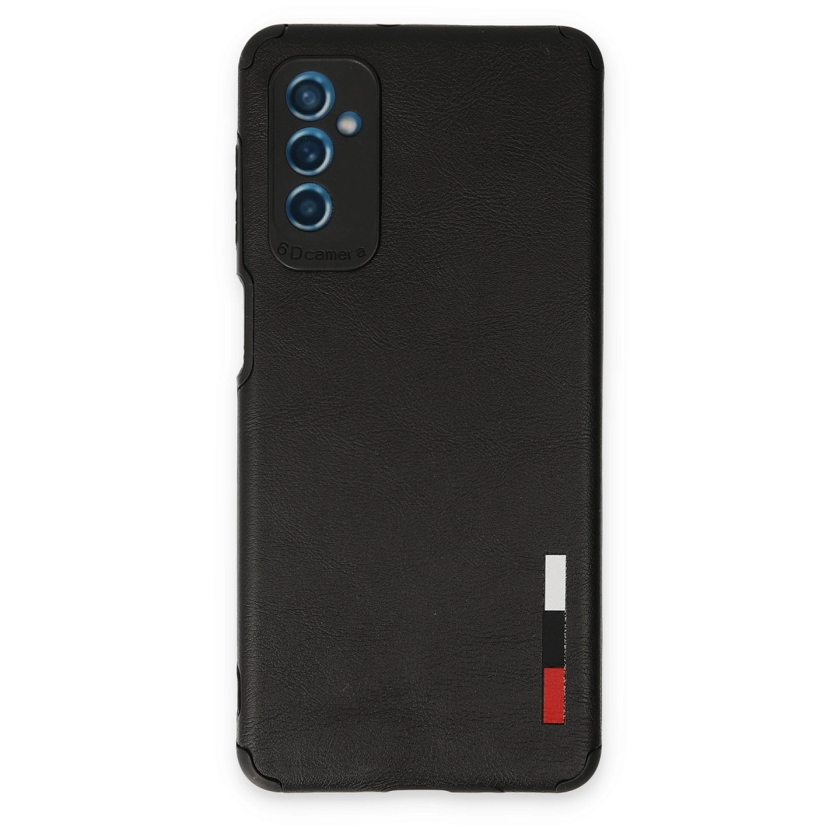 Üç kamera lensli ve renkli şeritli siyah telefon kılıfı.
