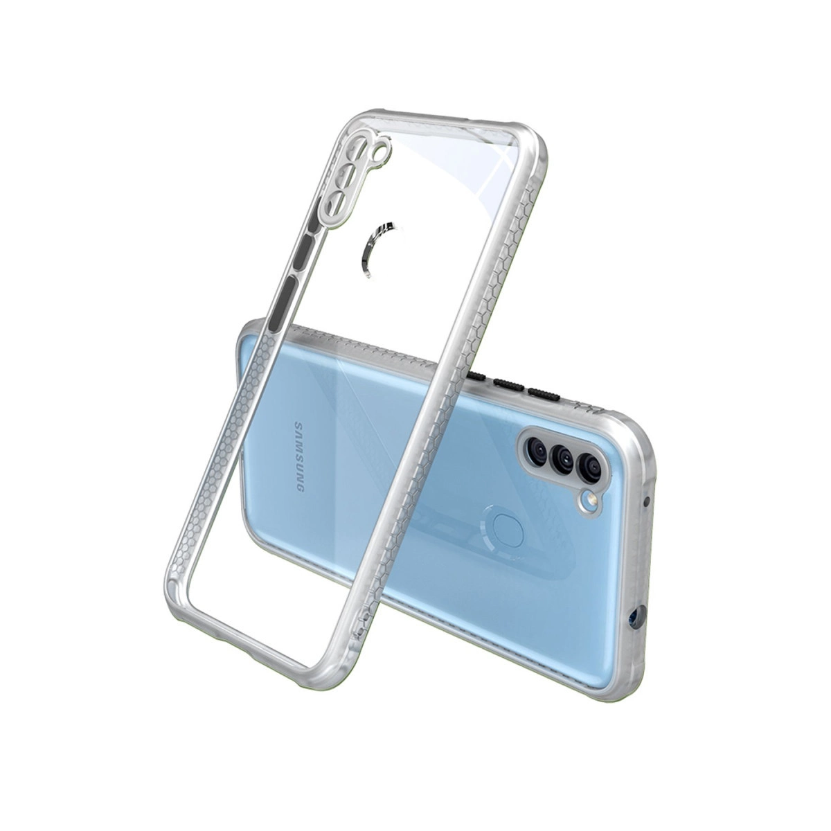 Gümüş vurgulu şeffaf telefon kılıfı, mavi bir Samsung telefonun üzerinde duruyor.