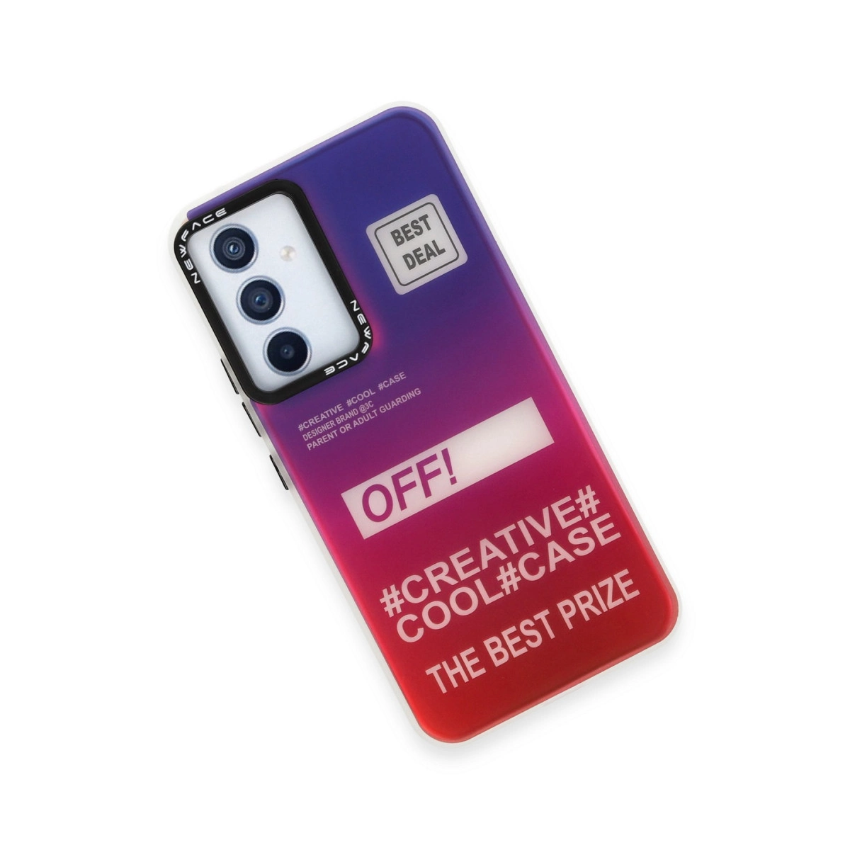 Mor-kırmızı gradyanlı, kameralı ve OFF!, BEST DEAL, #CREATIVE# COOL#CASE yazılı telefon kılıfı