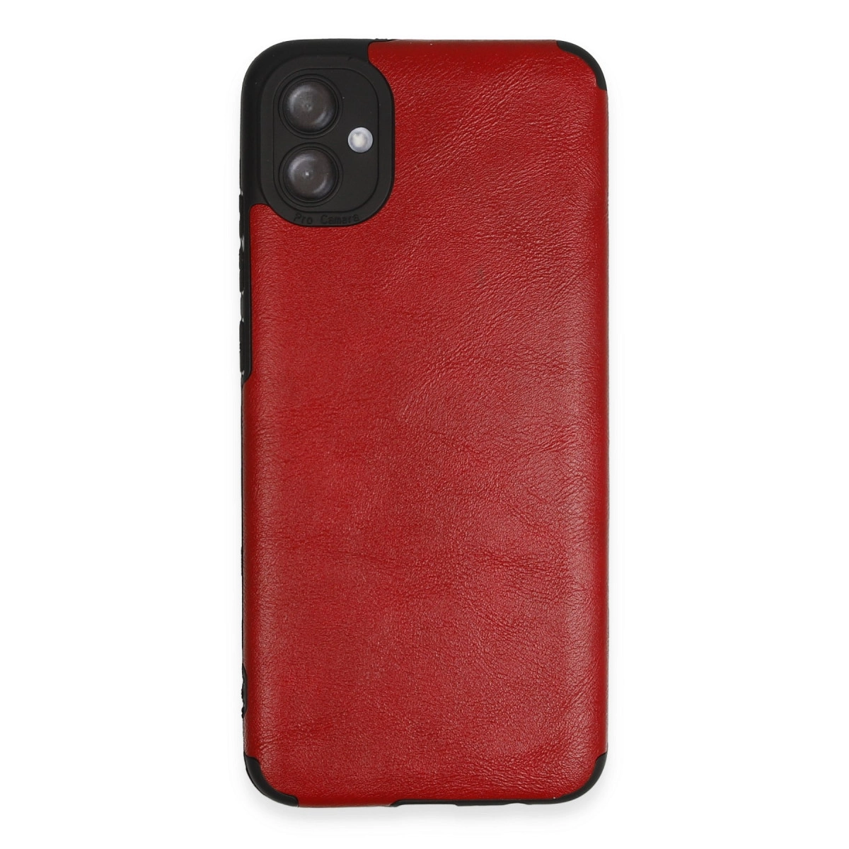 Siyah kamera çerçeveli kırmızı suni deri telefon kılıfı.