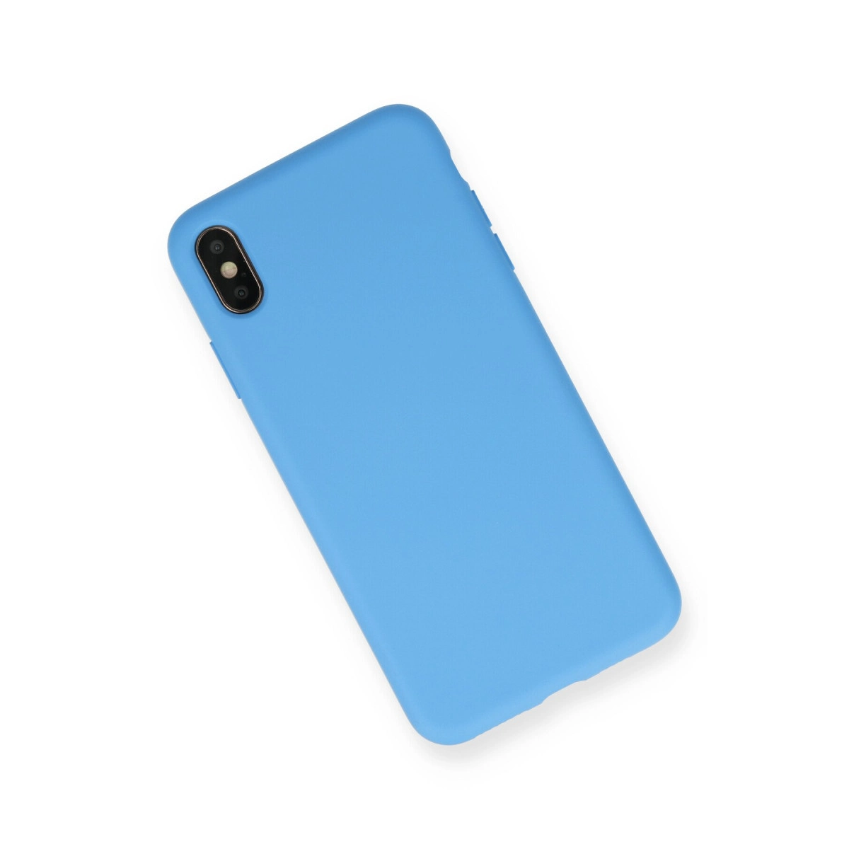 Beyaz arka plan üzerinde kamera kesimli mavi telefon kılıfı.