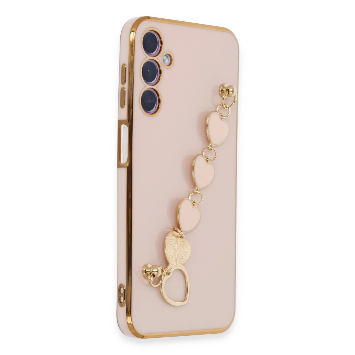 Altın kenarlı ve kalp takıclı açık pembe telefon kılıfı.