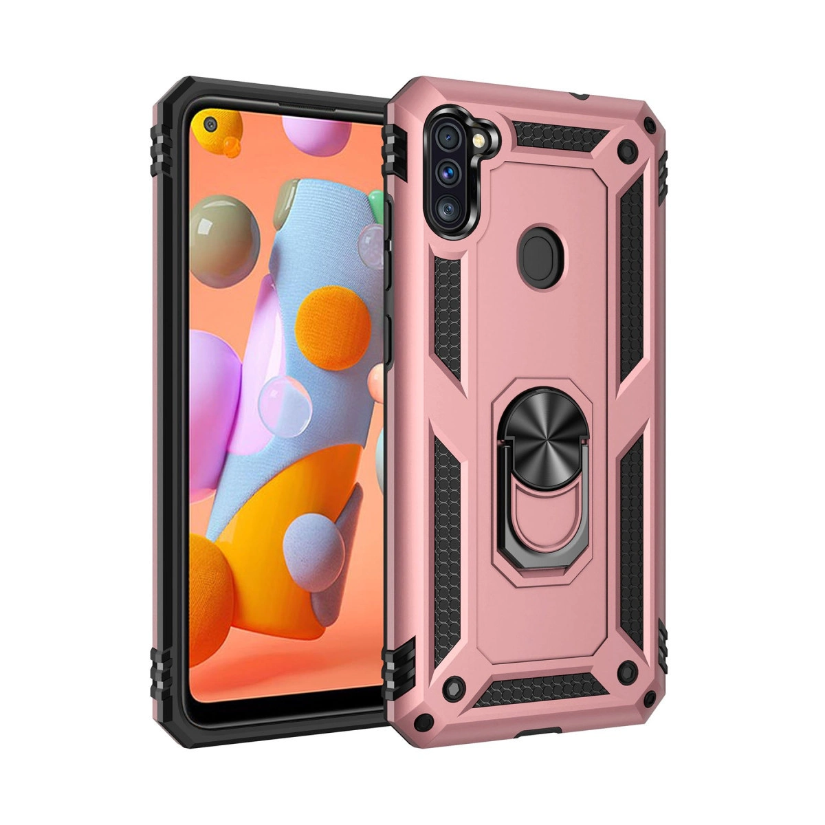 Halka tutuculu pembe telefon kılıfı. Yanında renkli küreleri olan bir telefon var.