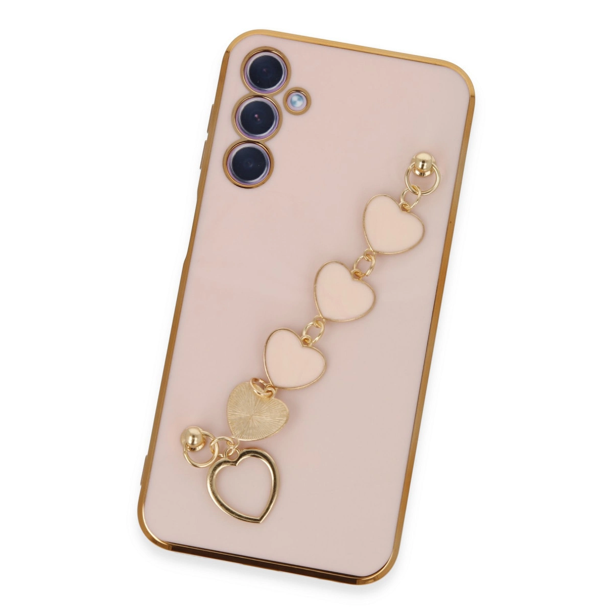 Altın çerçeveli açık pembe telefon ve kalp şeklinde telefon charmı.