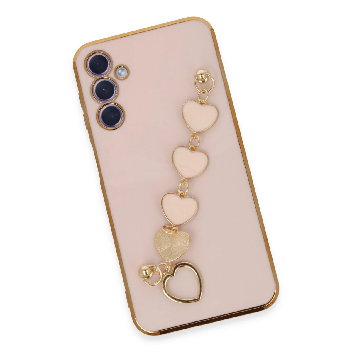 Altın kenarlı pembe telefon kılıfı ve kalp şeklinde takı.