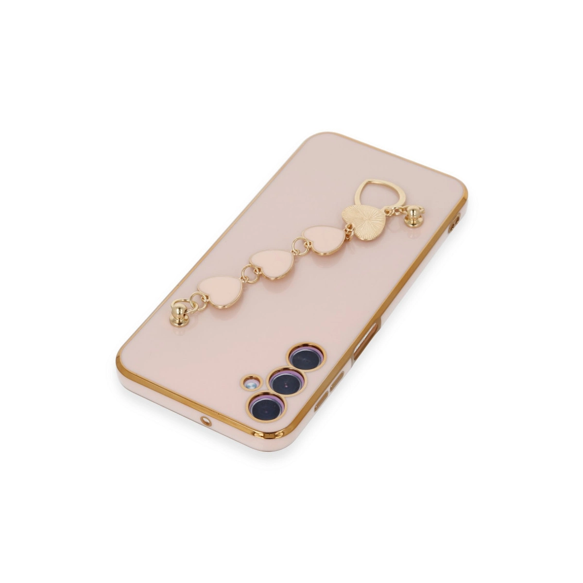 Altın çerçeveli, kalp charm bileklikli açık pembe telefon.