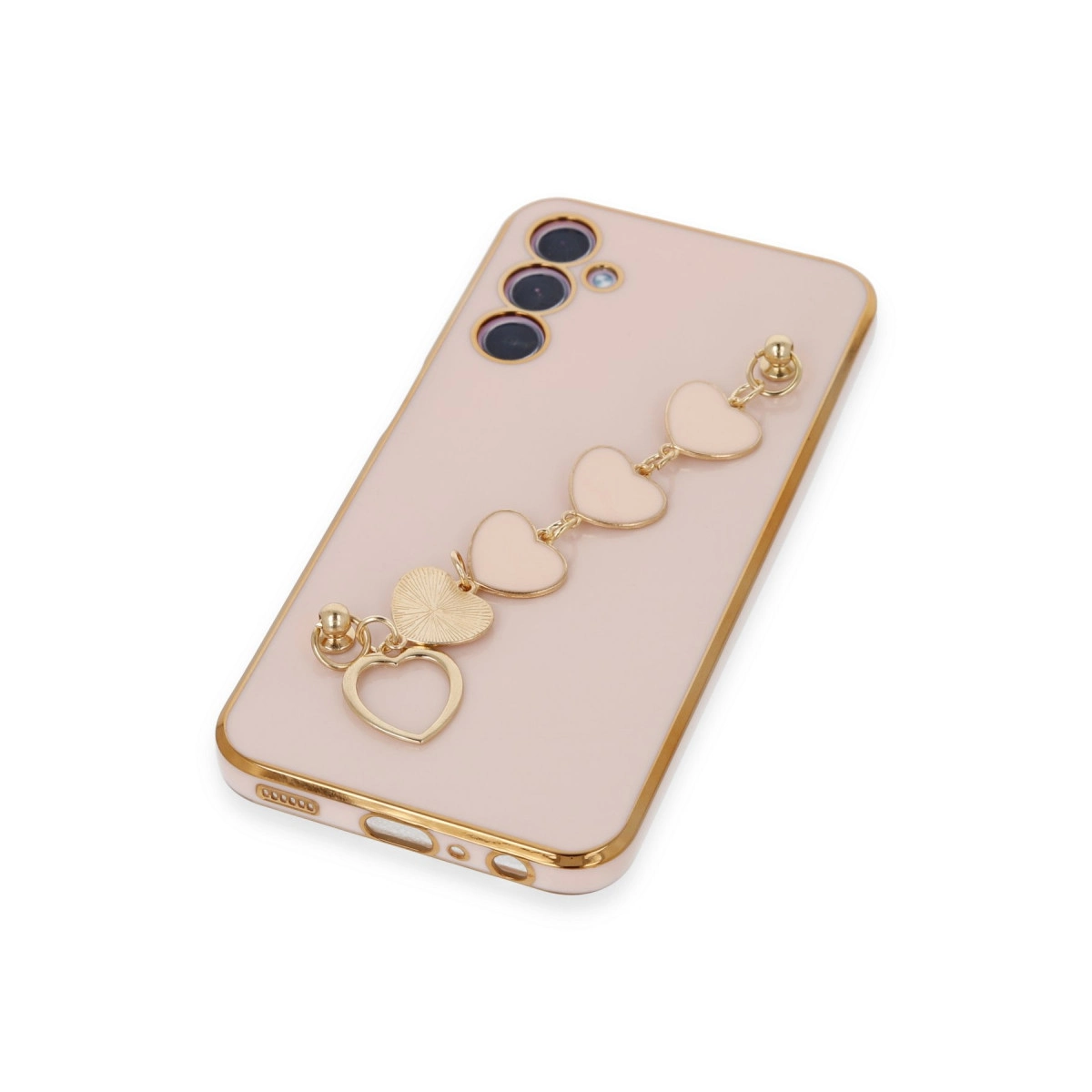 Altın kenarlı ve kalp charm bileklikli açık pembe telefon kılıfı.