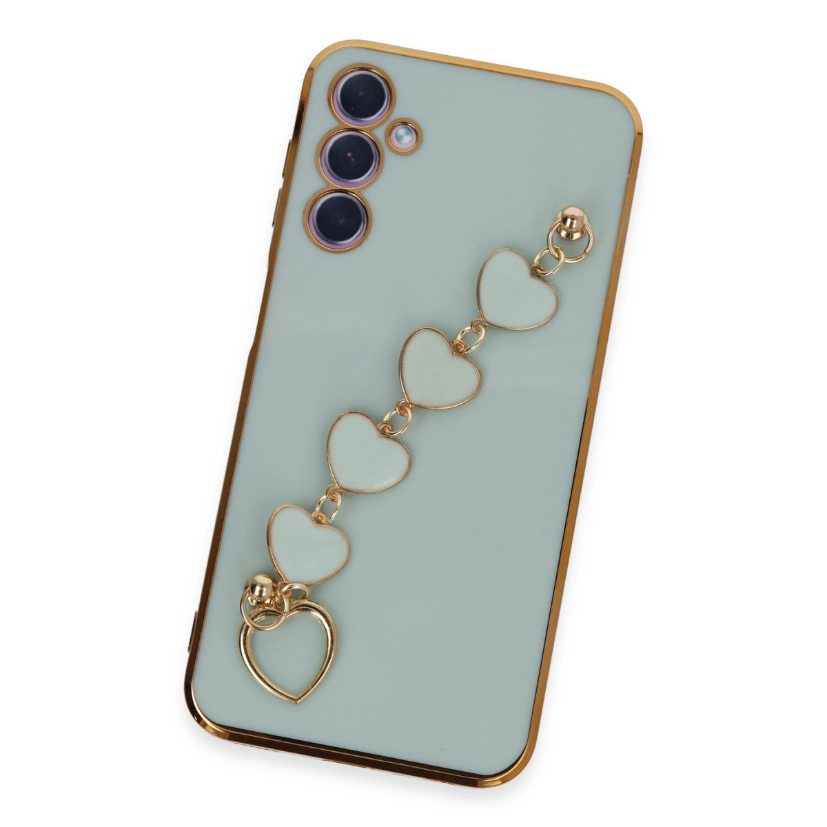Altın çerçeveli açık mavi telefon kılıfı ve kalp charm bileklik.