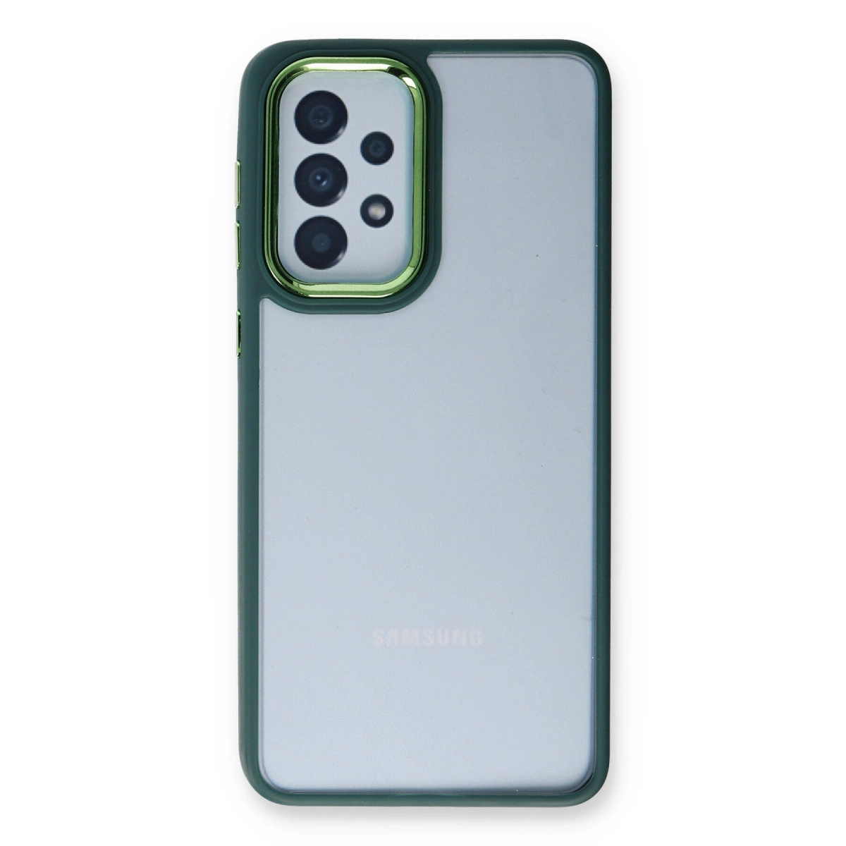 Yeşil vurgulu ve kamera modüllü şeffaf telefon kılıfı.