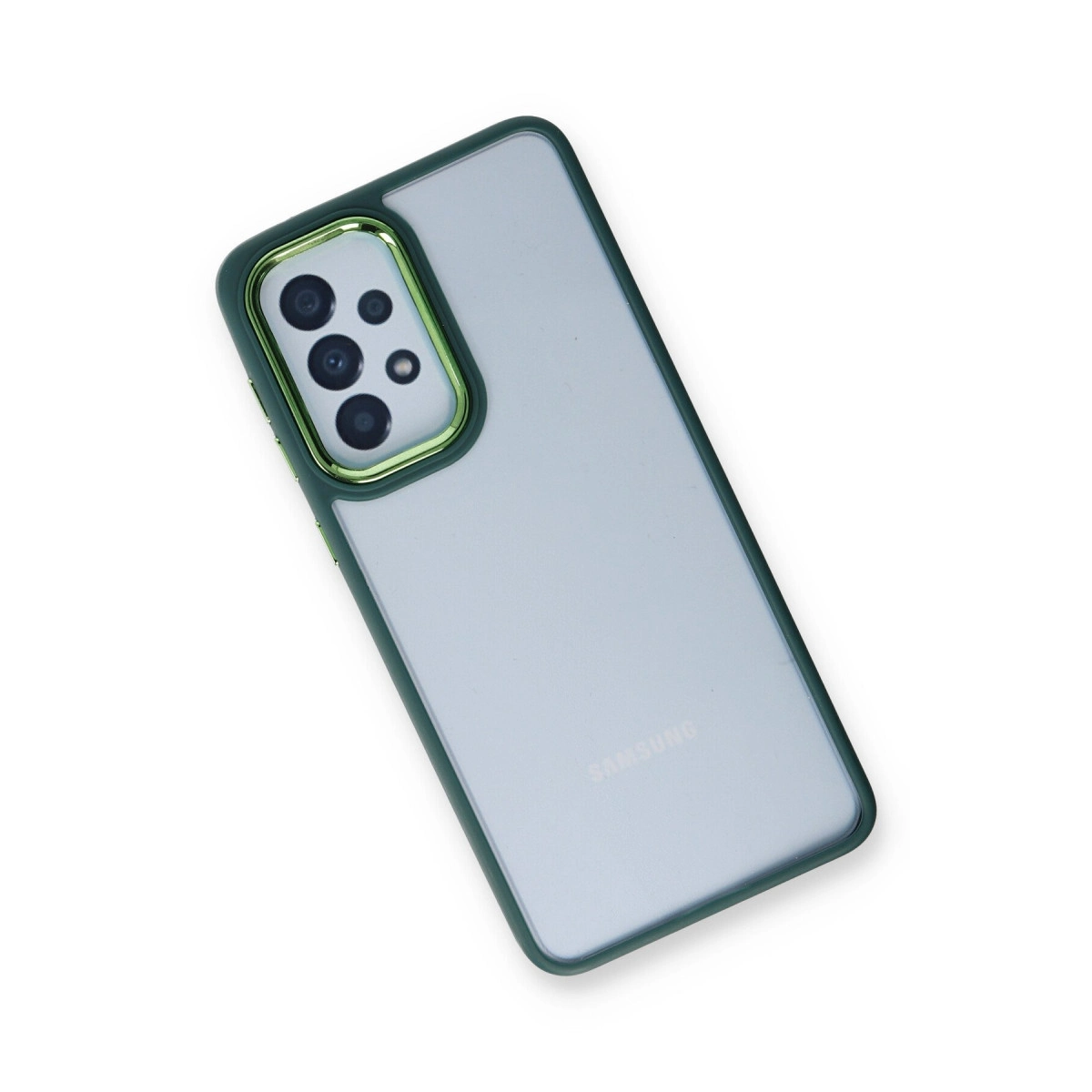 Koyu çerçeveli ve kamera adalı şeffaf telefon kılıfı.