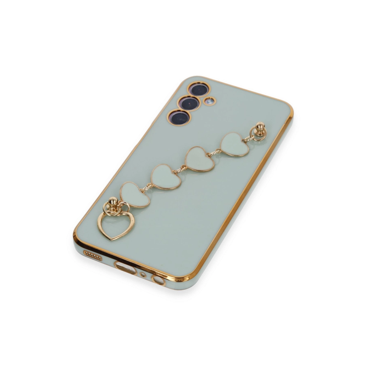 Altın kenarlı, kalp charm zincirli açık yeşil telefon kılıfı.