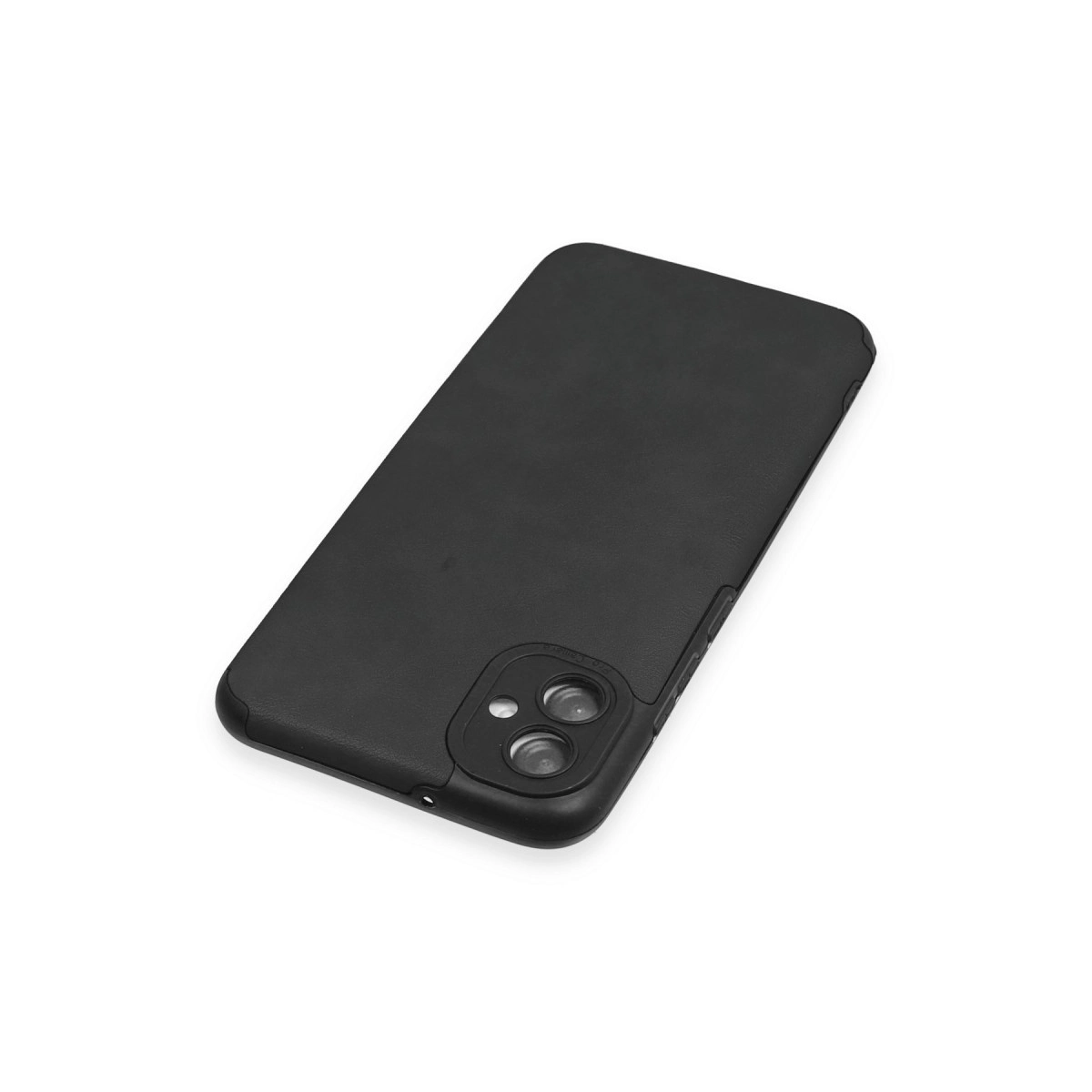 Beyaz arka plan üzerinde iki kamera lensli siyah telefon kılıfı.
