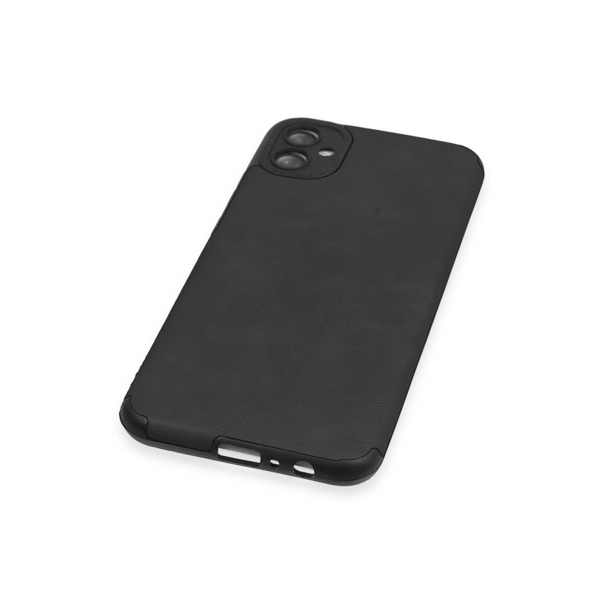 Altta kamera lensleri ve kesikleri olan siyah telefon kılıfı.