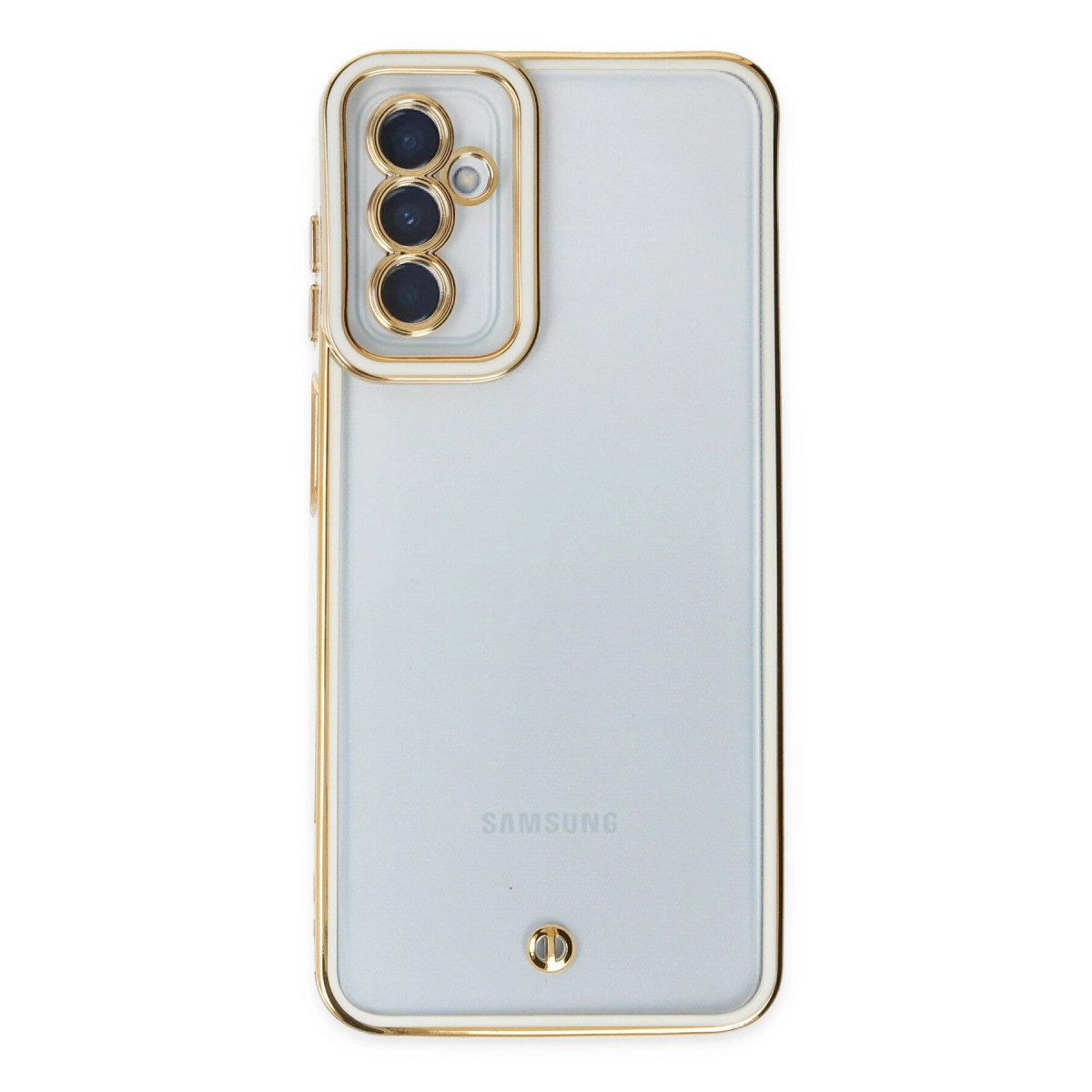 Altın çerçeveli ve kamera modüllü açık mavi Samsung telefon.