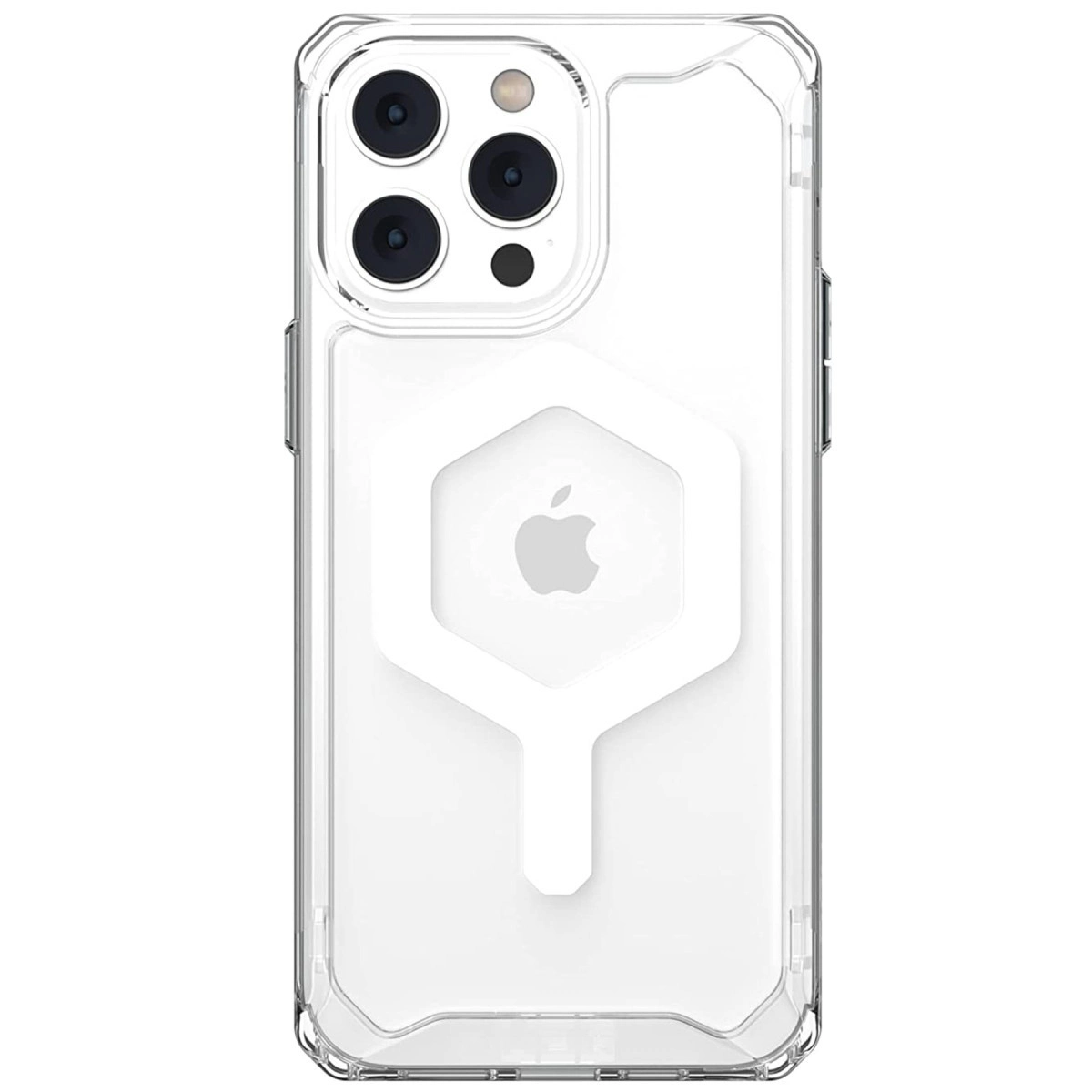 Beyaz altıgen üzerinde Apple logosu bulunan şeffaf telefon kılıfı.