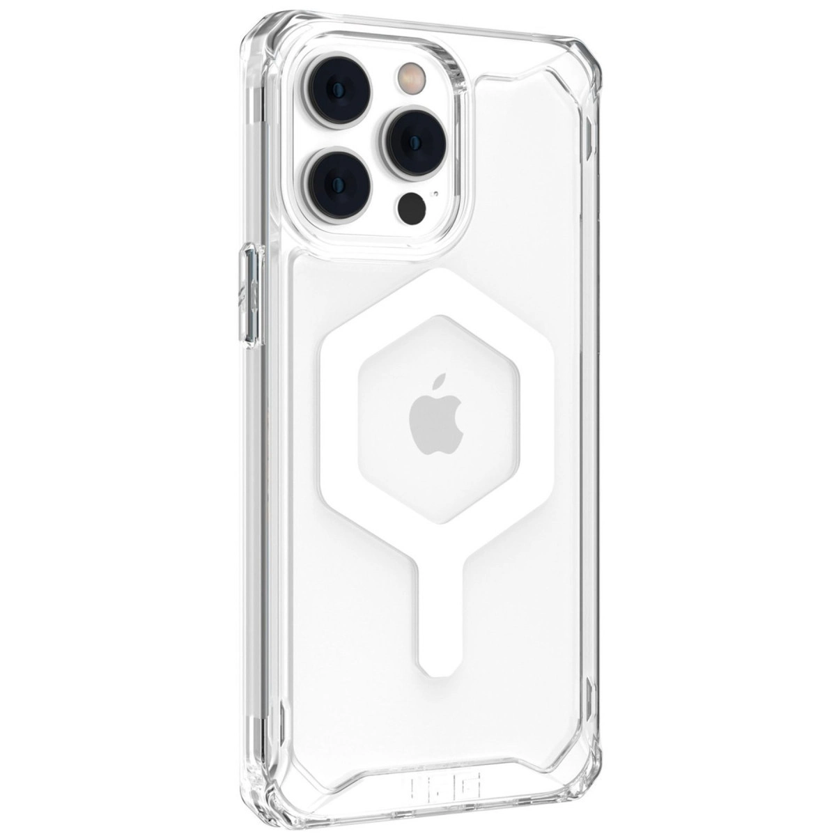 Apple logolu ve üçlü kamera sistemli şeffaf telefon kılıfı.