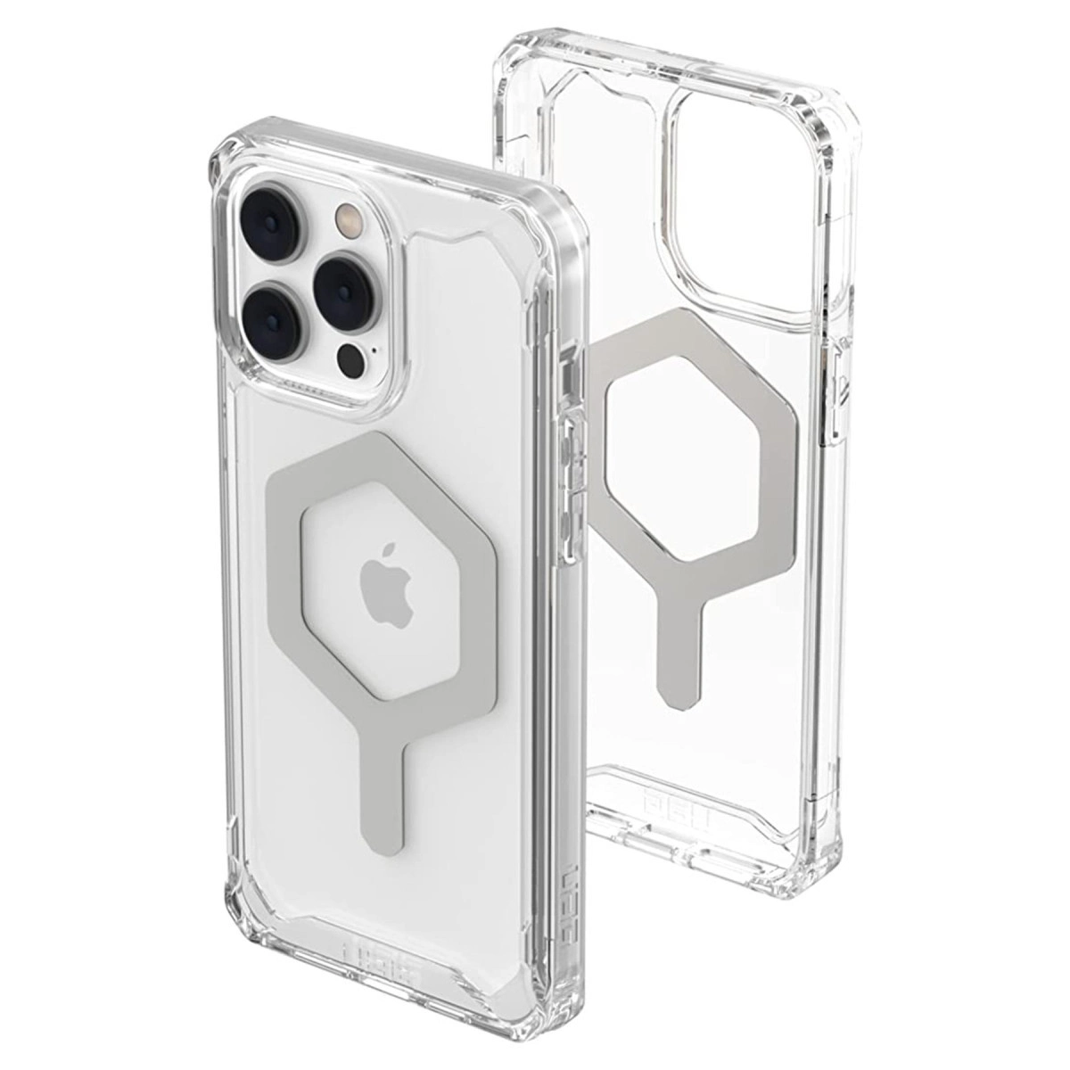 Beyaz arka plan üzerinde gri altıgen tasarımlı iki şeffaf iPhone kılıfı.