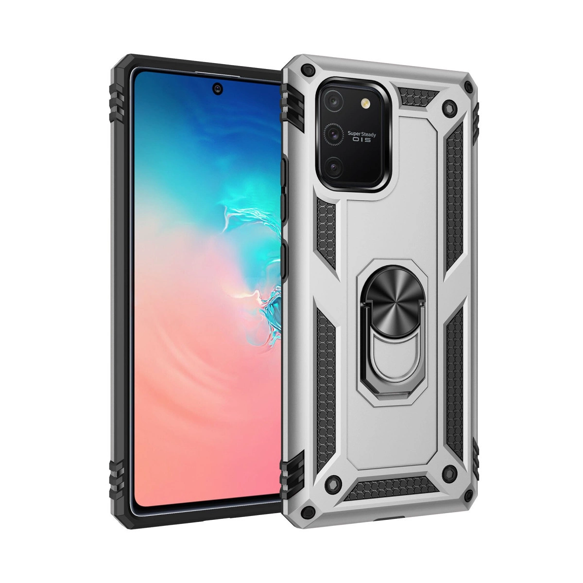 Gümüş rengi akıllı telefon, koruyucu kılıf ve halka tutucu, beyaz arka plan.