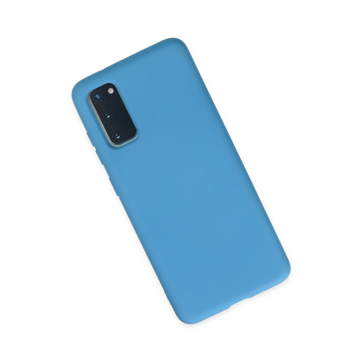 Arkada kamera ünitesi bulunan mavi bir telefon kılıfı.