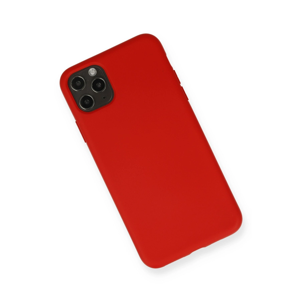 Üç kameralı kırmızı iPhone kılıfı, beyaz arka plan üzerinde.