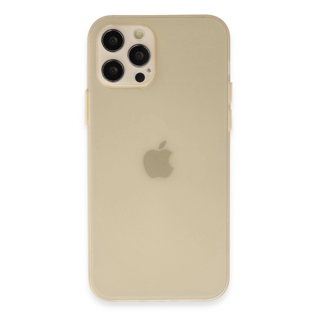 Üç kameralı ve Apple logolu altın rengi iPhone kılıfı.