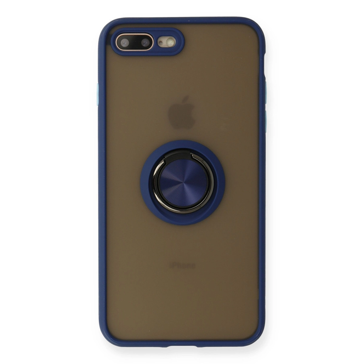Mavi kenarlı, halka tutuculu ve çift kameralı kahverengi iPhone.