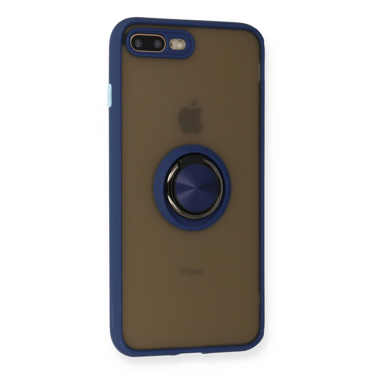 Mavi kenarlı ve halka tutuculu kahverengi iPhone kılıfı.
