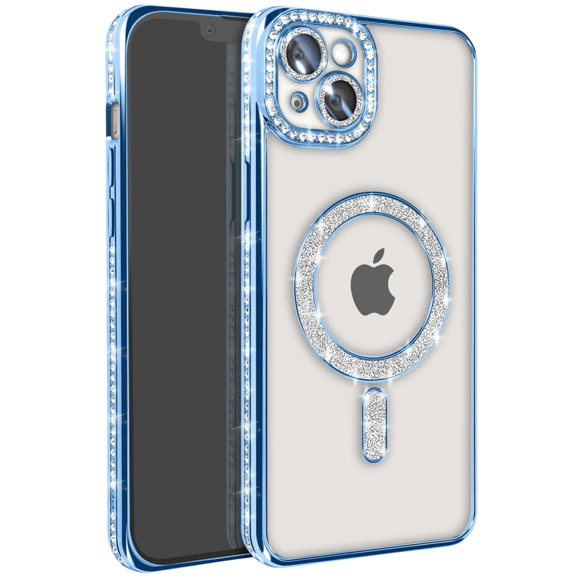 Taşlı ve kamera korumalı mavi iPhone kılıfı.