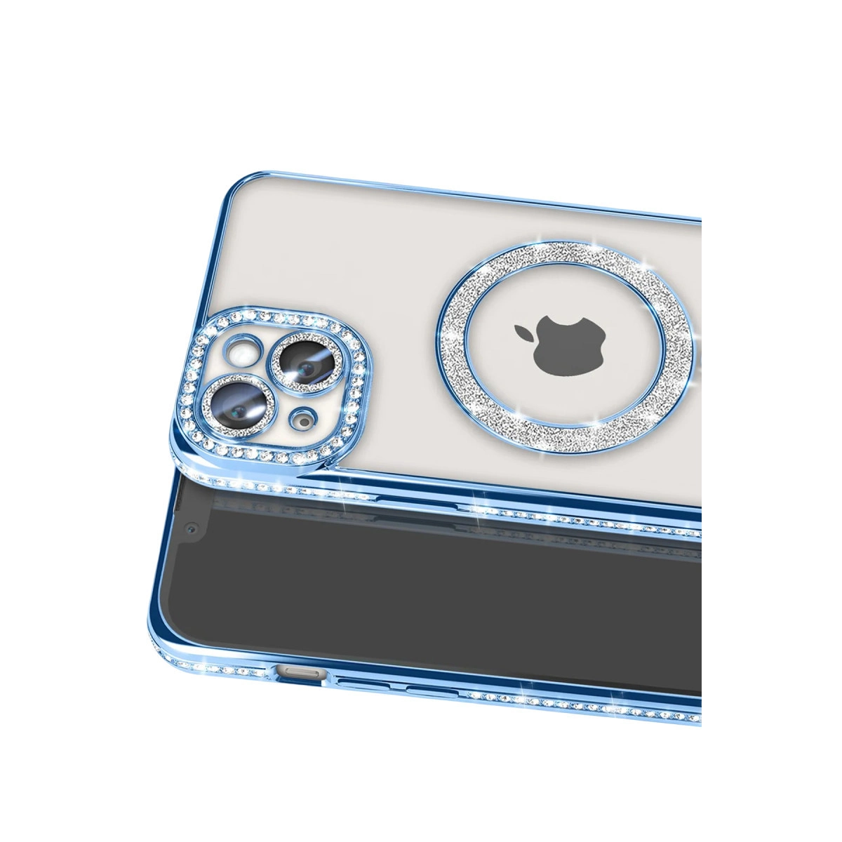 Kamera ve Apple logosu etrafında parlak taşlarla süslenmiş mavi iPhone kılıfı.