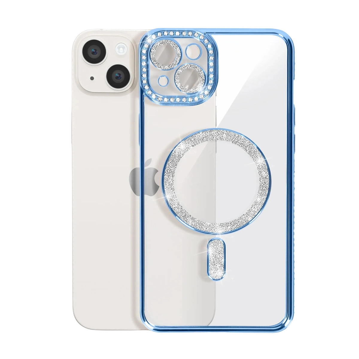 Mavi kenarlı ve simli parlak iPhone için şeffaf kılıf.