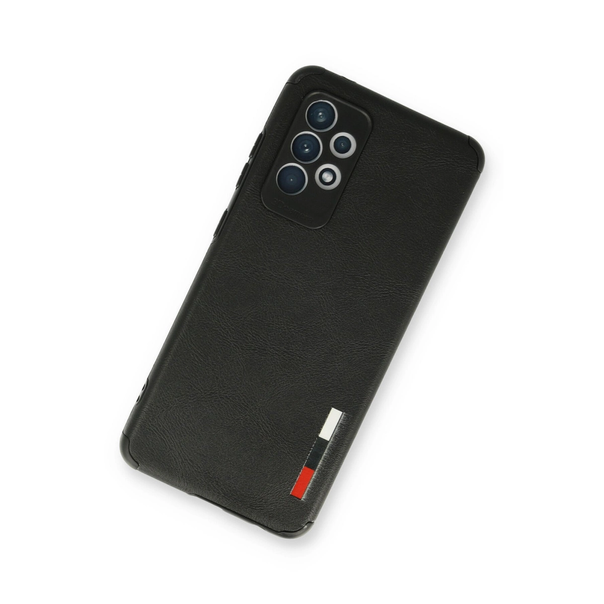 Kamera dizilimli, şerit detaylı siyah telefon kılıfı.