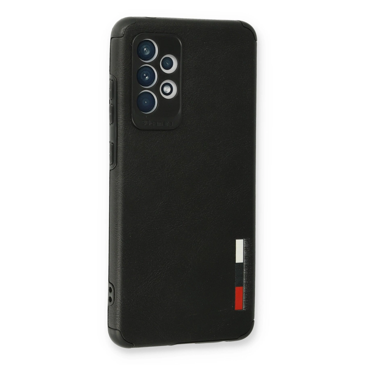 Kamera kesimli ve şerit logolu siyah telefon kılıfı.