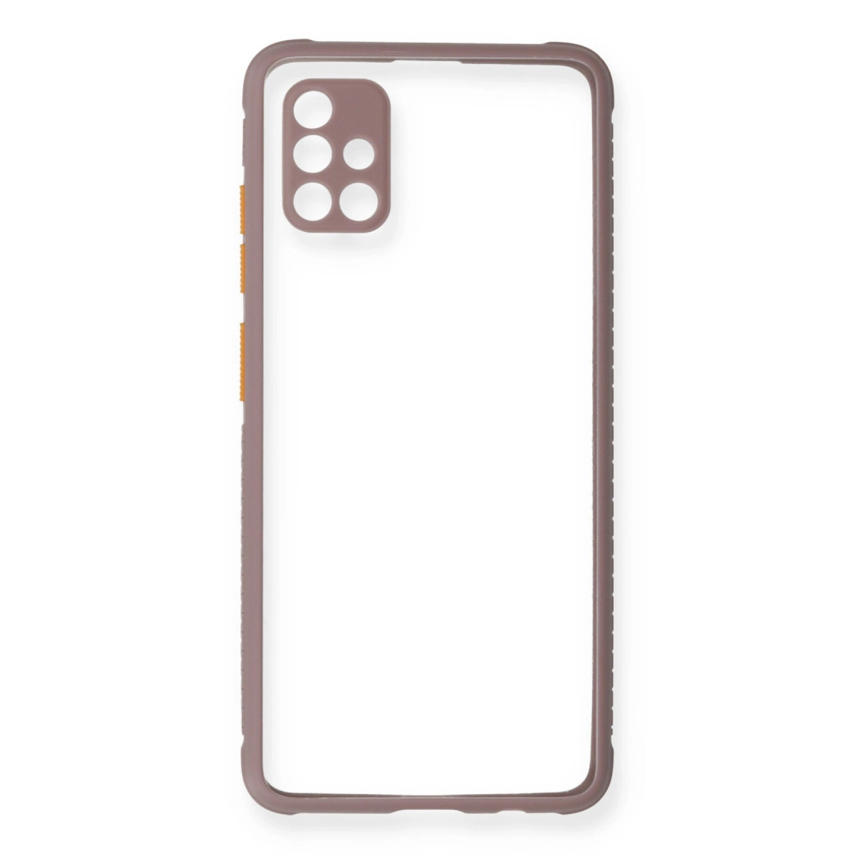 Şeffaf telefon kılıfı, kahverengi kenarlı ve kare kamera yuvası kesimli.