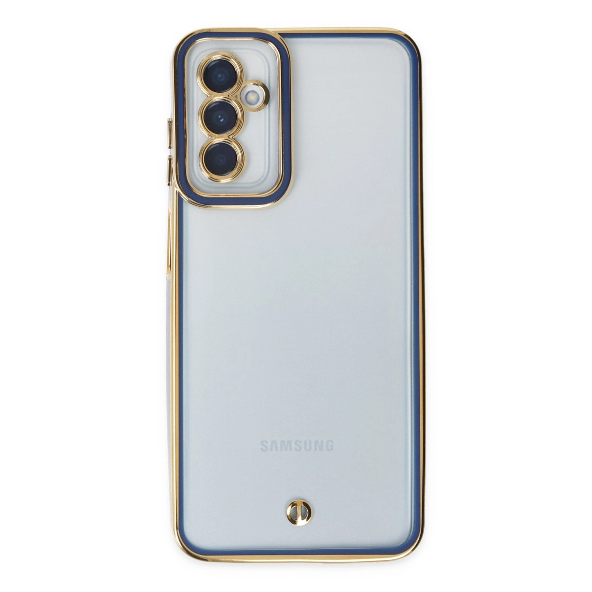 Altın ve mavi kamera çerçeveli açık mavi Samsung telefon, altın kenarlıklı.