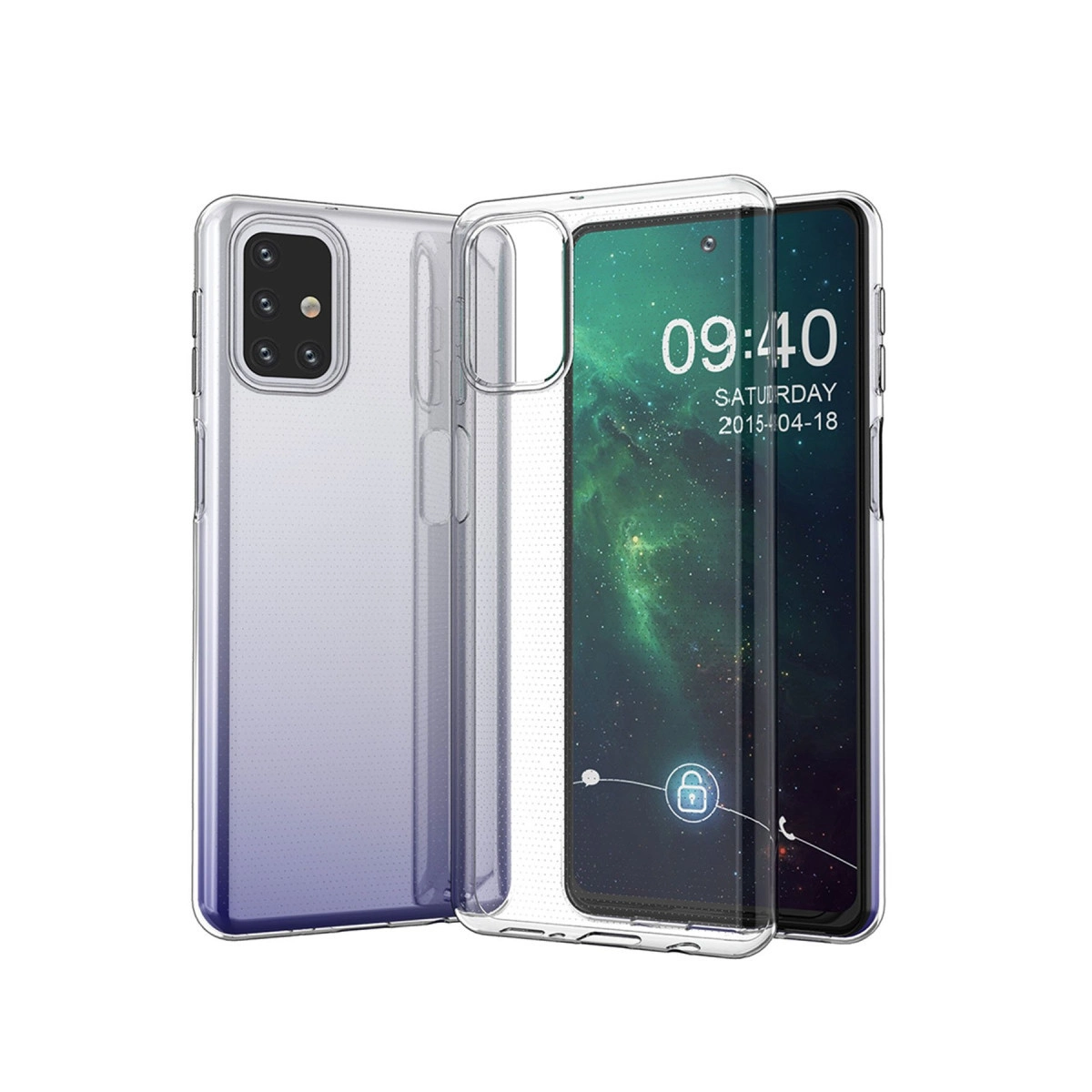 Yan yana iki şeffaf telefon kılıfı. Biri geçişli renkte, diğeri ekranlı.
