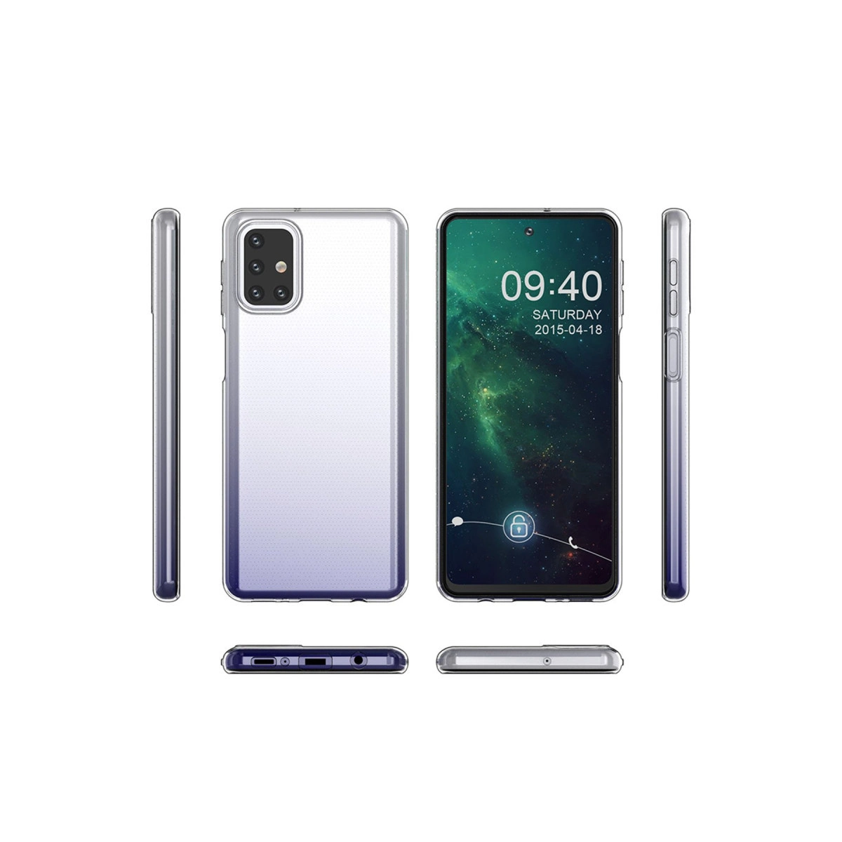 Ekranında yıldızlı arka plan gösteren, şeffaf kılıflı bir akıllı telefon.