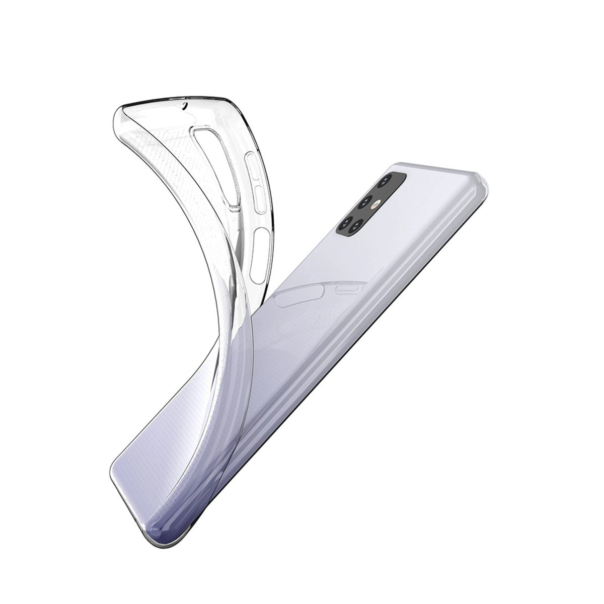 Şeffaf telefon kılıfı beyaz bir akıllı telefonun üzerine bükülüyor.