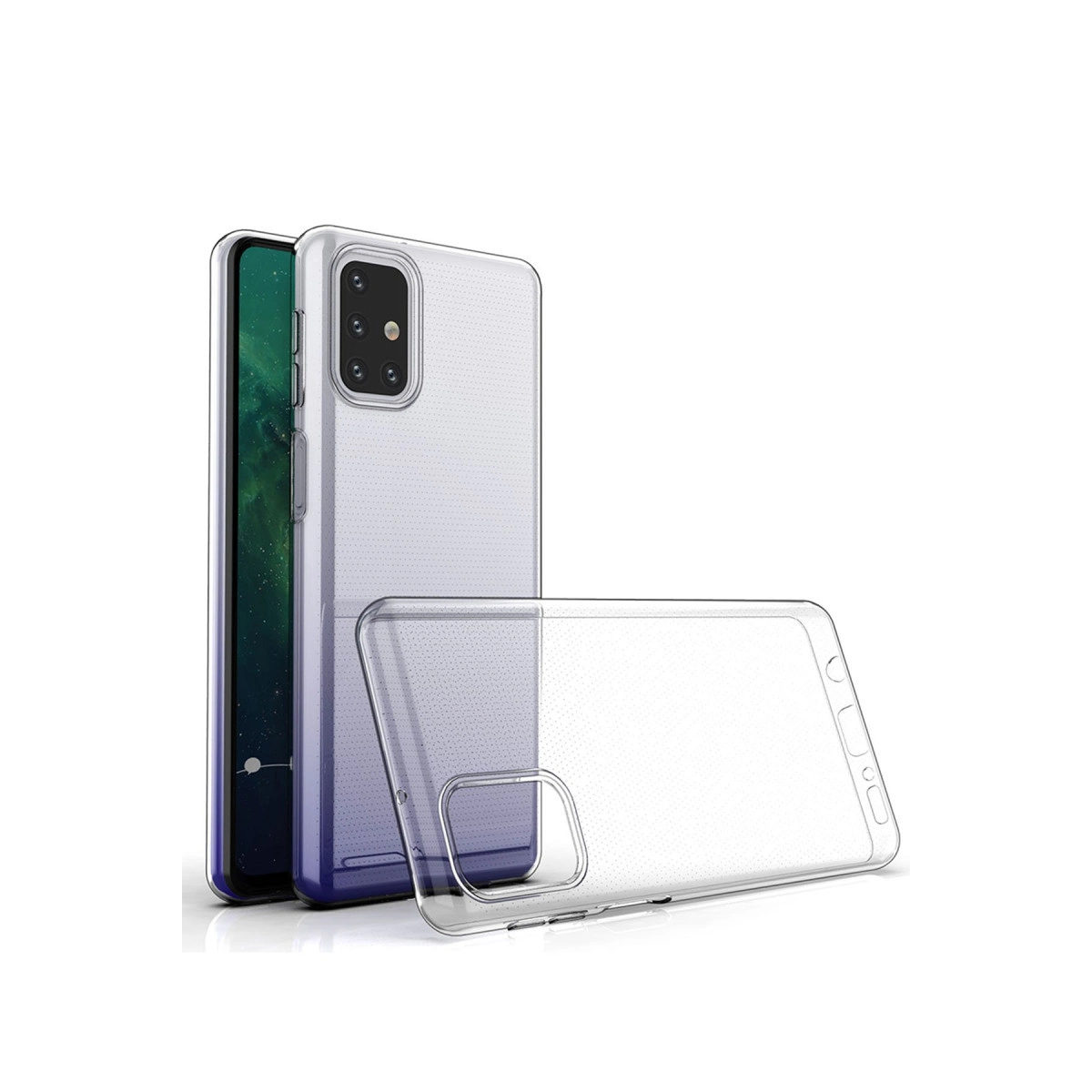 Yan yana duran iki şeffaf telefon kılıfı. Biri dik, diğeri düz yatıyor.