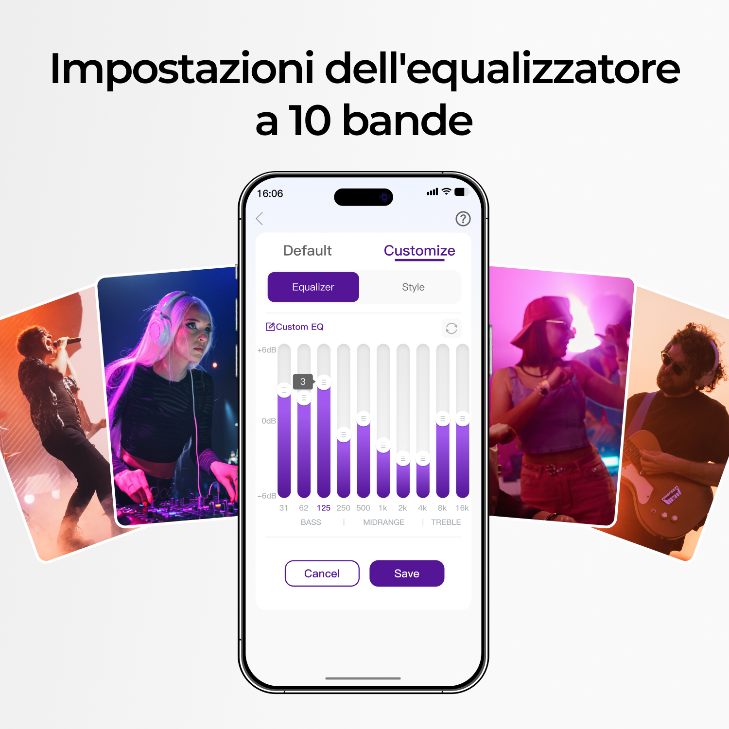 Un'app per telefono mostra un equalizzatore con grafici a barre e musicisti sullo sfondo.