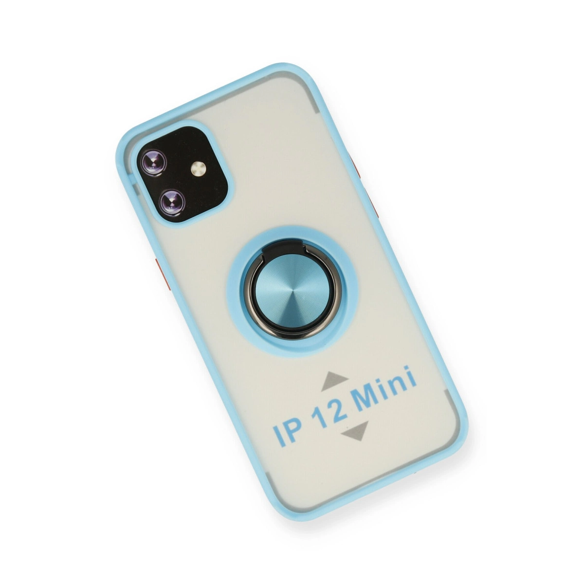 Mavi kenarlı ve halka tutuculu şeffaf iPhone 12 Mini kılıfı.