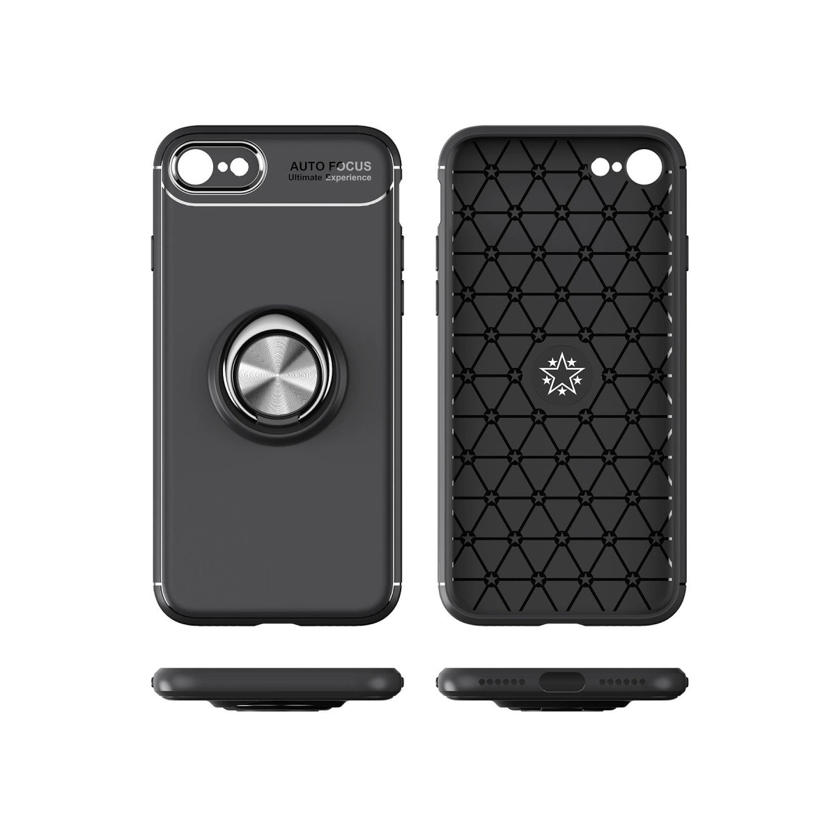 Halka tutuculu siyah telefon kılıfı, ön ve arka görünüm.