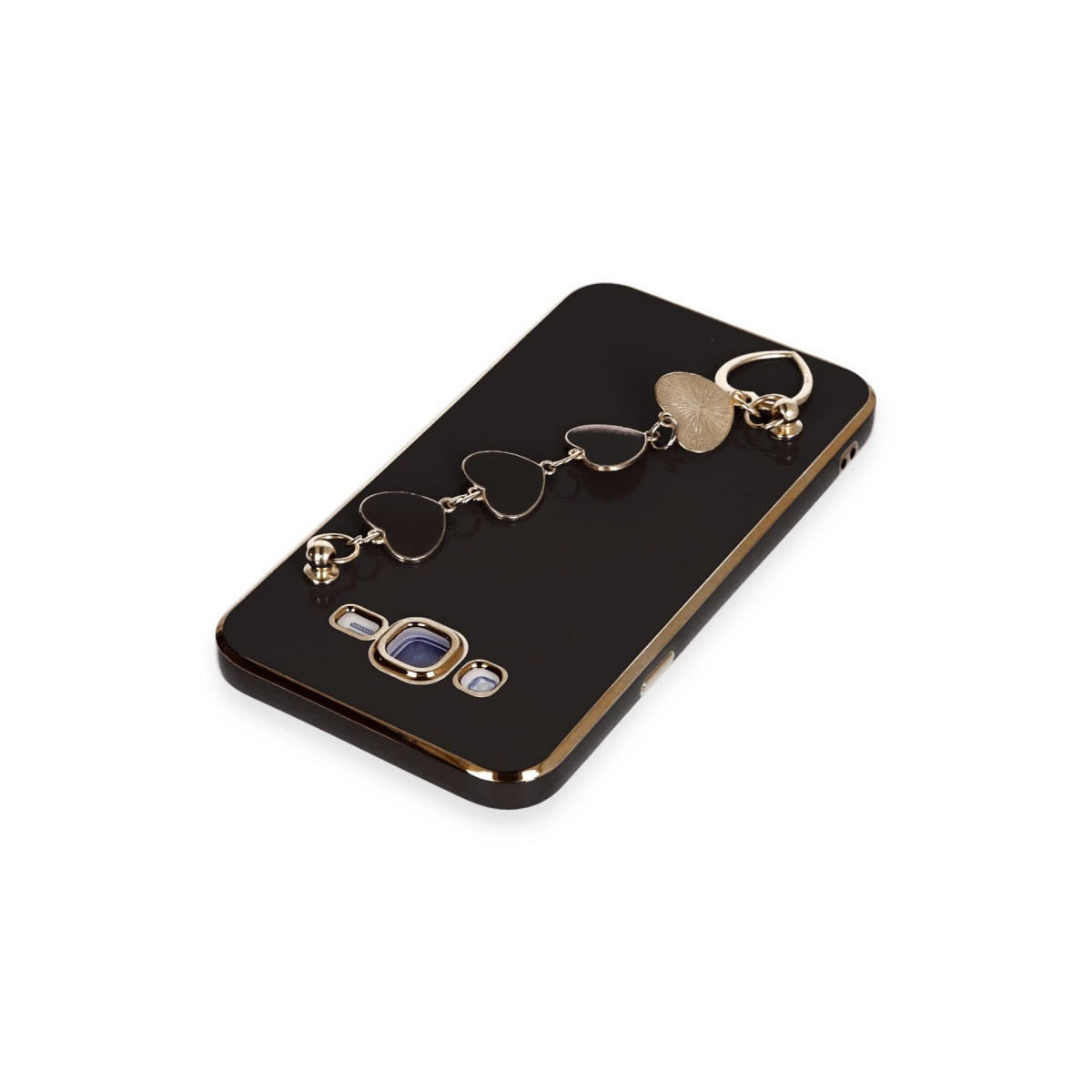 Altın süslemeli, kalp şeklinde charm bileklikli siyah telefon kılıfı.