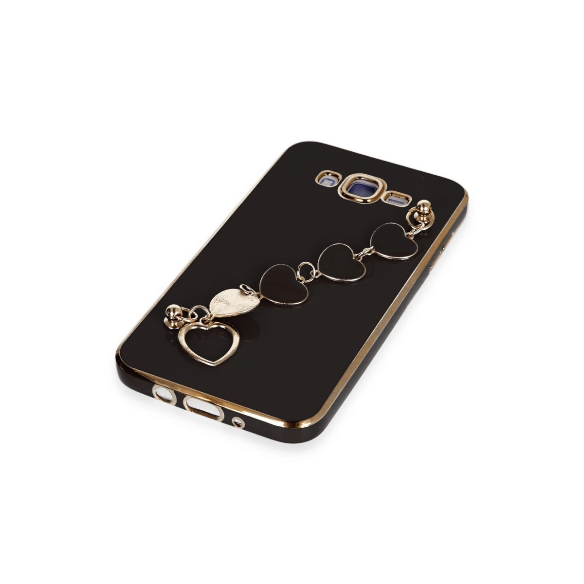 Altın kenarlı siyah telefon kılıfı ve kalp takı zinciri.