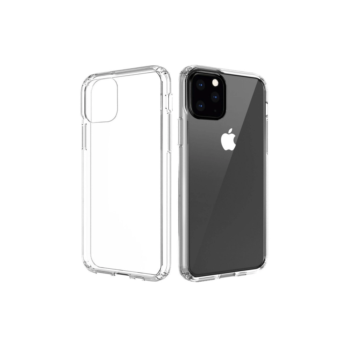 Şeffaf telefon kılıfı ve Apple logolu siyah kılıf.