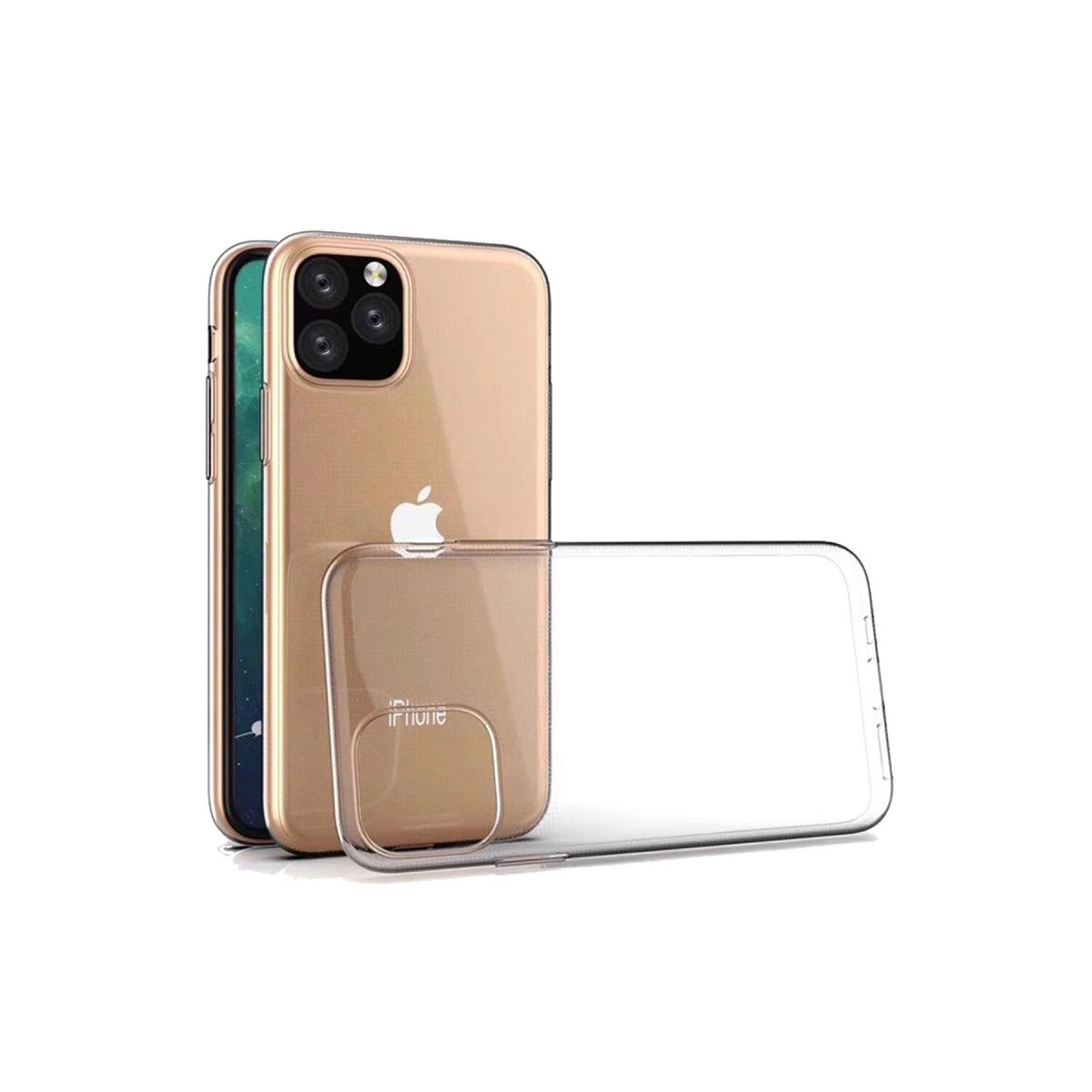 Üç kameralı altın iPhone ve şeffaf kılıf.