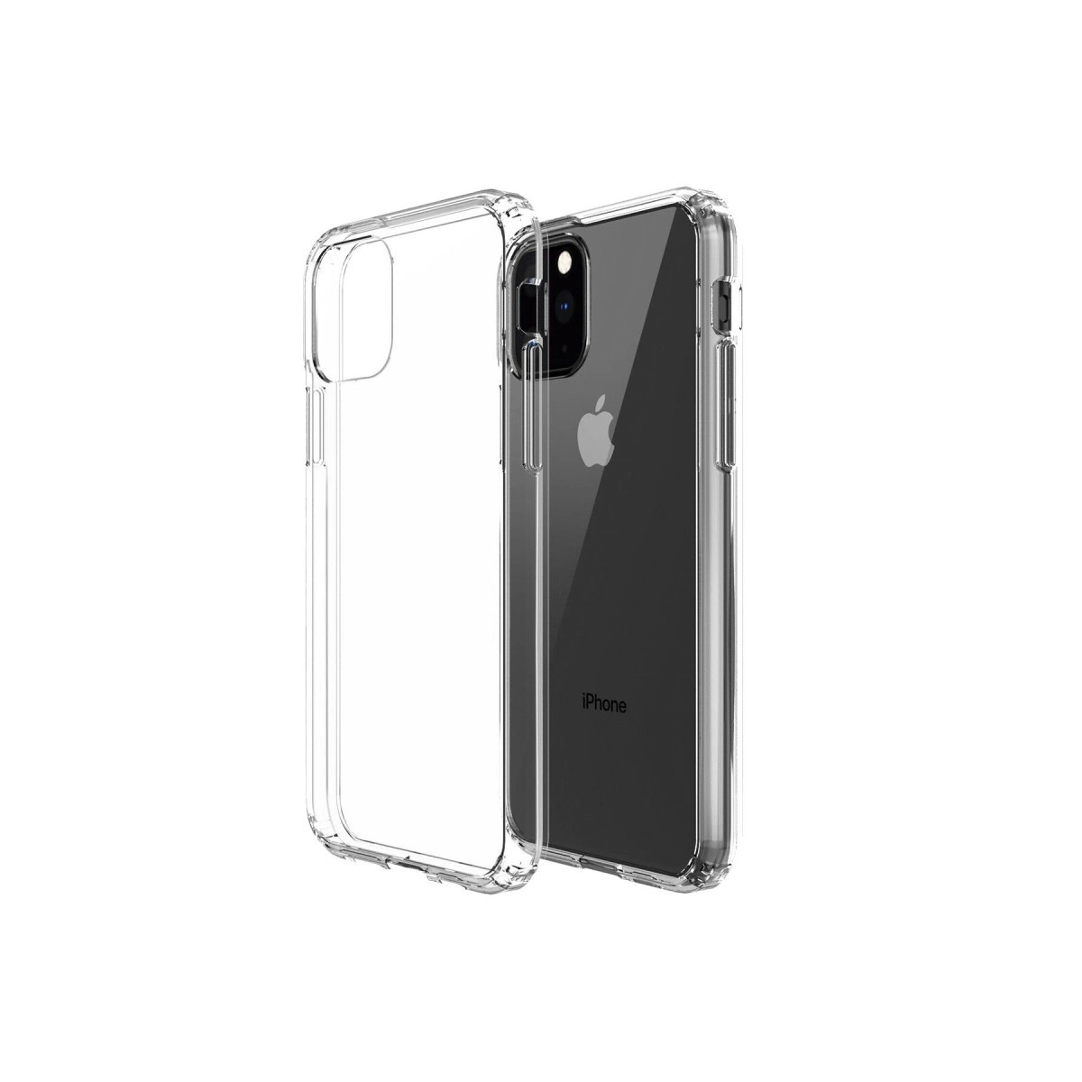 Siyah bir iPhone'un yanında şeffaf bir iPhone kılıfı.