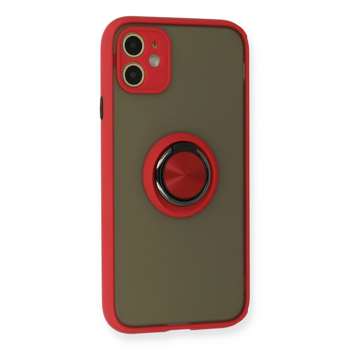 Kırmızı kenarlı, yarı saydam arka yüzlü ve kırmızı halka tutuculu iPhone kılıfı.